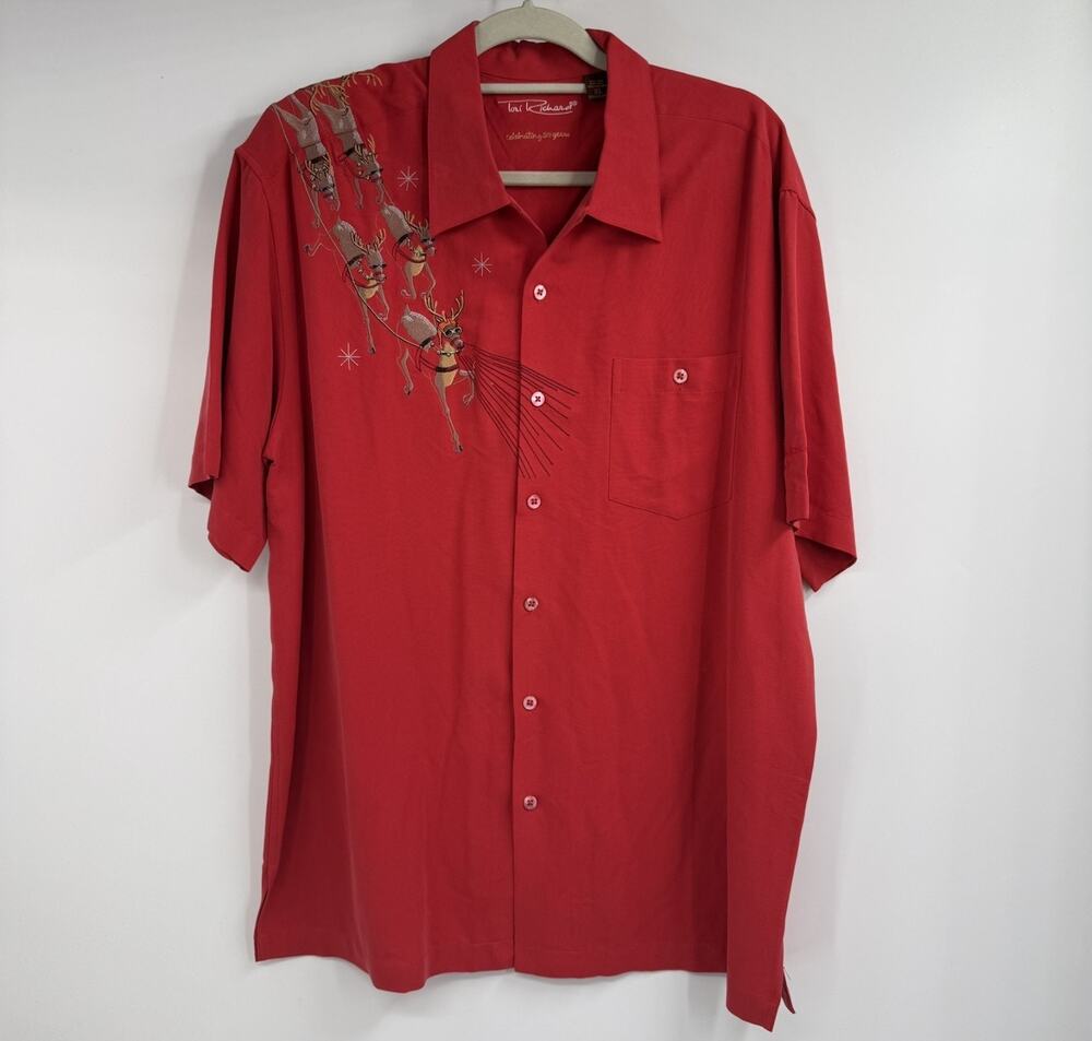 Tori Richard Christmas Hawaiian Shirt Mens XL Red Silk Embroidered Santa Holiday
